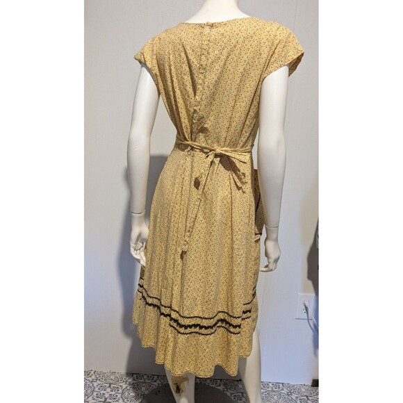 Rare 40s Calico Cotton Apron Dress S/M Patio Peasant Yellow Wrap Ric Rac Pocket - Picture 4 of 8